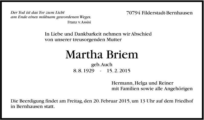  Traueranzeige für Martha Briem vom 18.02.2015 aus Stuttgarter Zeitung / Stuttgarter Nachrichten