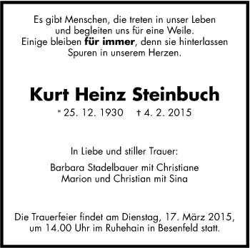 Traueranzeige von Kurt Heinz Steinbuch von Stuttgarter Zeitung / Stuttgarter Nachrichten