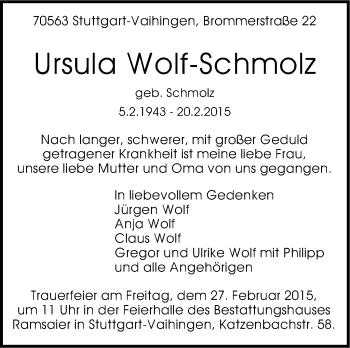 Traueranzeige von Ursula Wolf-Schmolz von Stuttgarter Zeitung / Stuttgarter Nachrichten