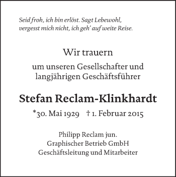 Traueranzeige von Stefan Reclam-Klinkhardt von Stuttgarter Zeitung / Stuttgarter Nachrichten