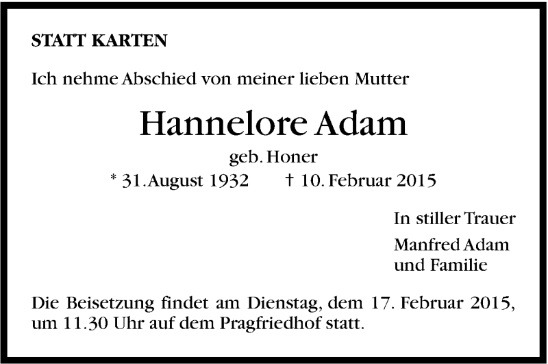  Traueranzeige für Hannelore Adam vom 14.02.2015 aus Stuttgarter Zeitung / Stuttgarter Nachrichten