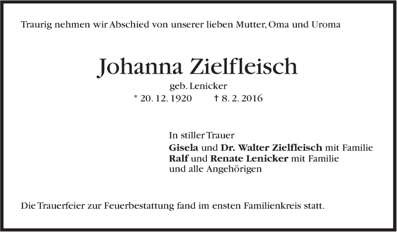  Traueranzeige für Johanna Zielfleisch vom 18.02.2016 aus Stuttgarter Zeitung / Stuttgarter Nachrichten