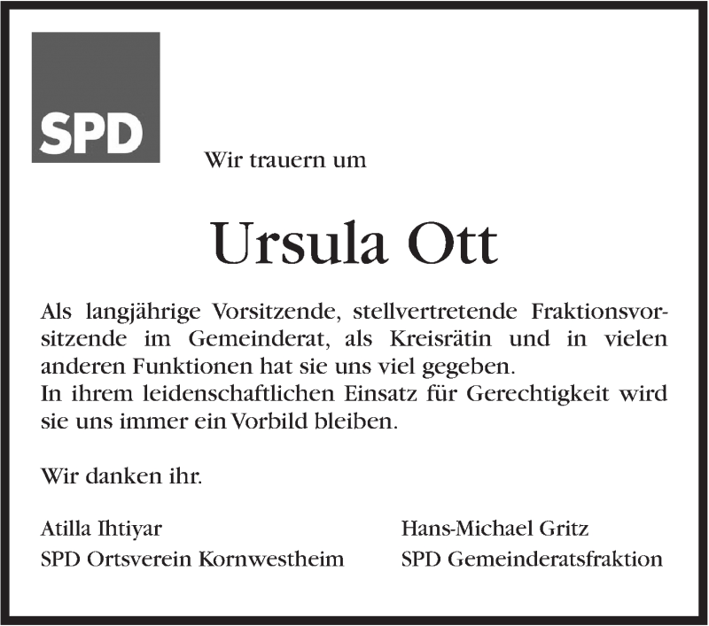  Traueranzeige für Ursula Ott vom 25.08.2015 aus Stuttgarter Zeitung / Stuttgarter Nachrichten