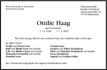 Traueranzeige von Ottilie Haag von Stuttgarter Zeitung / Stuttgarter Nachrichten