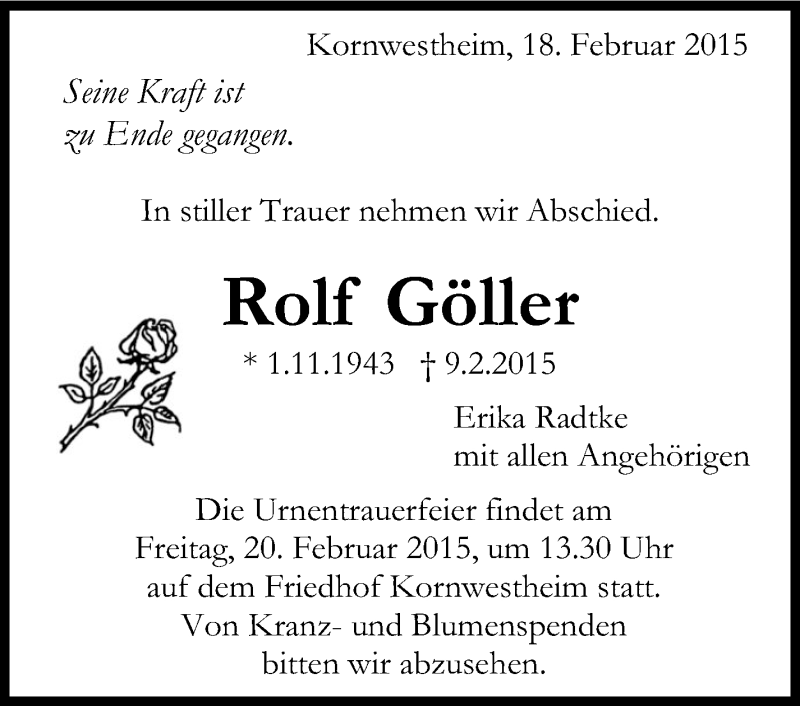  Traueranzeige für Rolf Göller vom 18.02.2015 aus Stuttgarter Zeitung / Stuttgarter Nachrichten