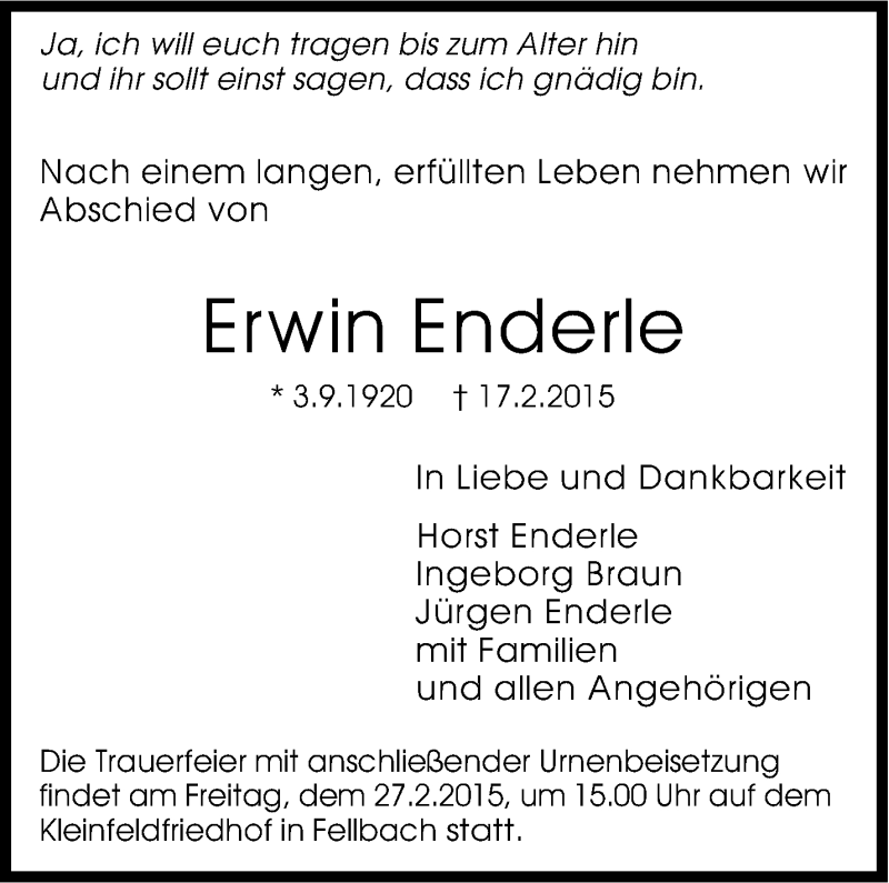  Traueranzeige für Erwin Enderle vom 21.02.2015 aus Stuttgarter Zeitung / Stuttgarter Nachrichten