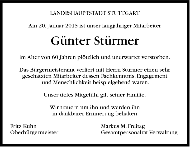  Traueranzeige für Günter Stürmer vom 26.01.2015 aus Stuttgarter Zeitung / Stuttgarter Nachrichten
