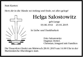 Traueranzeige von Helga Salostowitz von Stuttgarter Zeitung / Stuttgarter Nachrichten
