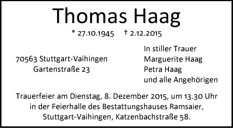  Traueranzeige für Thomas Haag vom 05.12.2015 aus Stuttgarter Zeitung / Stuttgarter Nachrichten
