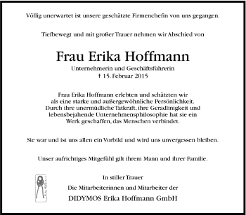 Traueranzeige von Erika Hoffmann von Stuttgarter Zeitung / Stuttgarter Nachrichten