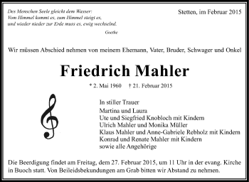 Traueranzeige von Friedrich Mahler von Stuttgarter Zeitung / Stuttgarter Nachrichten