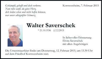 Traueranzeige von Walter Saverschek von Stuttgarter Zeitung / Stuttgarter Nachrichten