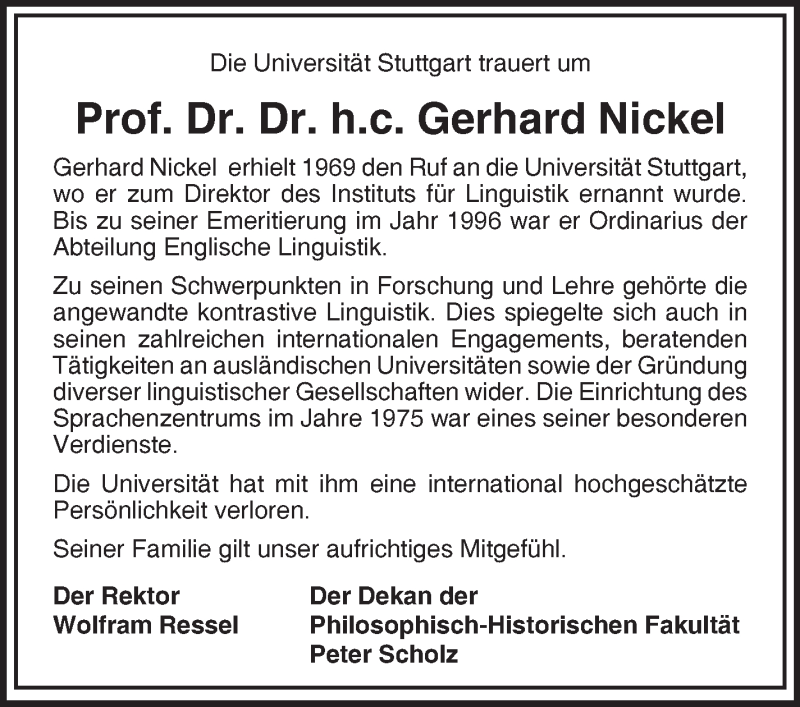  Traueranzeige für Gerhard Nickel vom 06.08.2015 aus Stuttgarter Zeitung / Stuttgarter Nachrichten