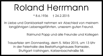 Traueranzeige von Roland Herrmann von Stuttgarter Zeitung / Stuttgarter Nachrichten