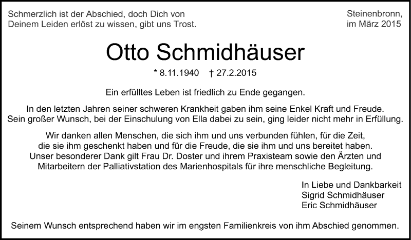  Traueranzeige für Otto Schmidhäuser vom 07.03.2015 aus Stuttgarter Zeitung / Stuttgarter Nachrichten