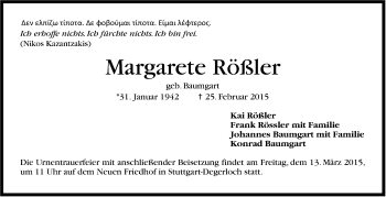 Traueranzeige von Margarete Rößler von Stuttgarter Zeitung / Stuttgarter Nachrichten