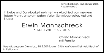 Traueranzeige von Erwin Mannschreck von Stuttgarter Zeitung / Stuttgarter Nachrichten