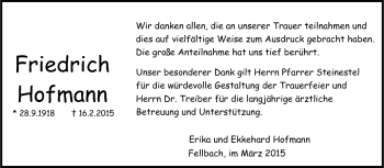 Traueranzeige von Friedrich Hofmann von Stuttgarter Zeitung / Stuttgarter Nachrichten