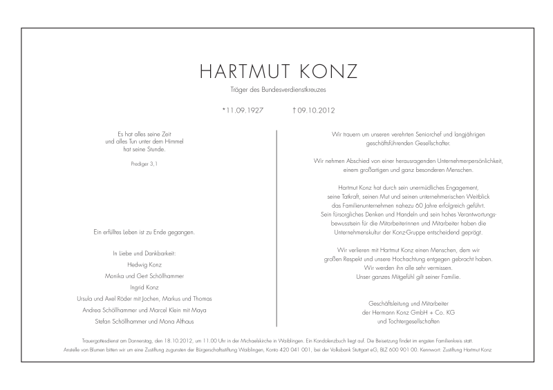  Traueranzeige für Hartmut Konz vom 11.10.2012 aus Stuttgarter Zeitung