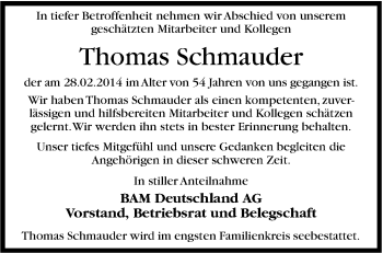 Traueranzeige von Thomas Schmauder von Stuttgarter Zeitung