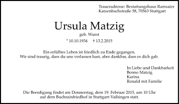 Traueranzeige von Ursula Matzig von Stuttgarter Zeitung / Stuttgarter Nachrichten