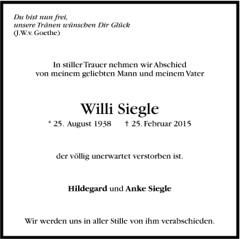 Traueranzeige von Willi Siegle von Stuttgarter Zeitung / Stuttgarter Nachrichten