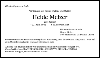 Traueranzeige von Heide Melzer von Stuttgarter Zeitung / Stuttgarter Nachrichten