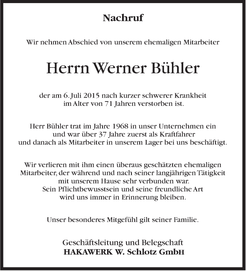 Traueranzeige für Werner Bühler vom 10.07.2015 aus Stuttgarter Zeitung / Stuttgarter Nachrichten