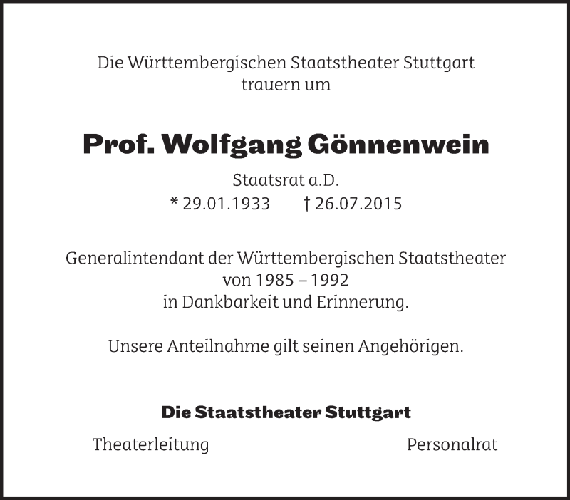  Traueranzeige für Wolfgang Gönnenwein vom 30.07.2015 aus Stuttgarter Zeitung