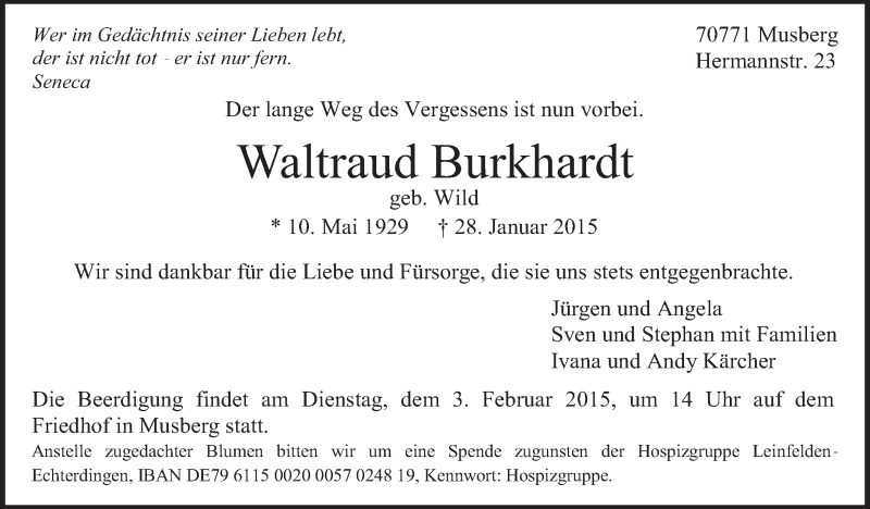  Traueranzeige für Waltraud Burkhardt vom 31.01.2015 aus Stuttgarter Zeitung / Stuttgarter Nachrichten