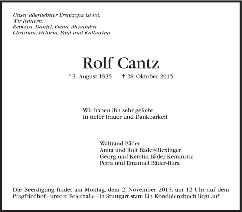  Traueranzeige für Rolf Cantz vom 31.10.2015 aus Stuttgarter Zeitung / Stuttgarter Nachrichten