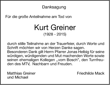 Traueranzeige von Kurt Greiner von Stuttgarter Zeitung / Stuttgarter Nachrichten
