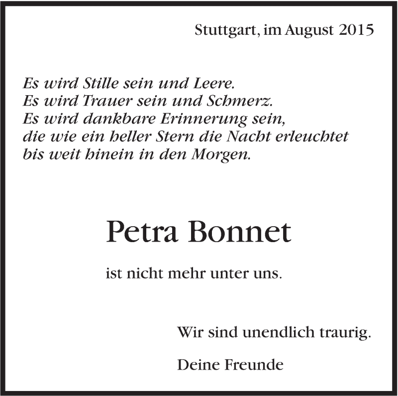  Traueranzeige für Petra Bonnet vom 31.08.2015 aus Stuttgarter Zeitung / Stuttgarter Nachrichten