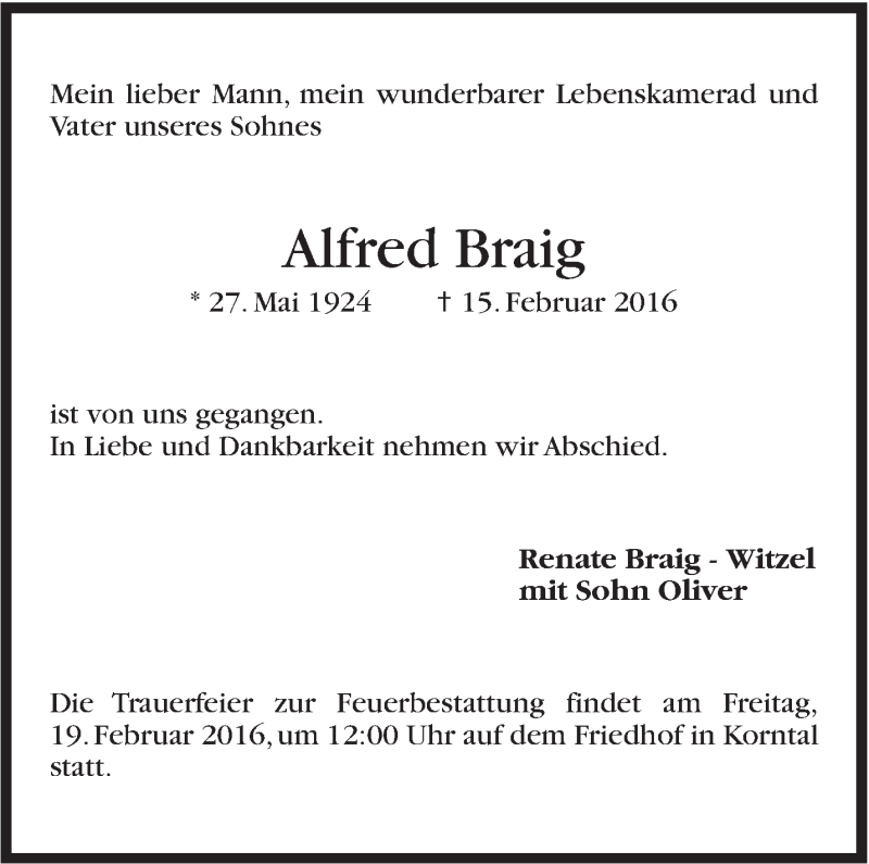  Traueranzeige für Alfred Braig vom 18.02.2016 aus Stuttgarter Zeitung / Stuttgarter Nachrichten