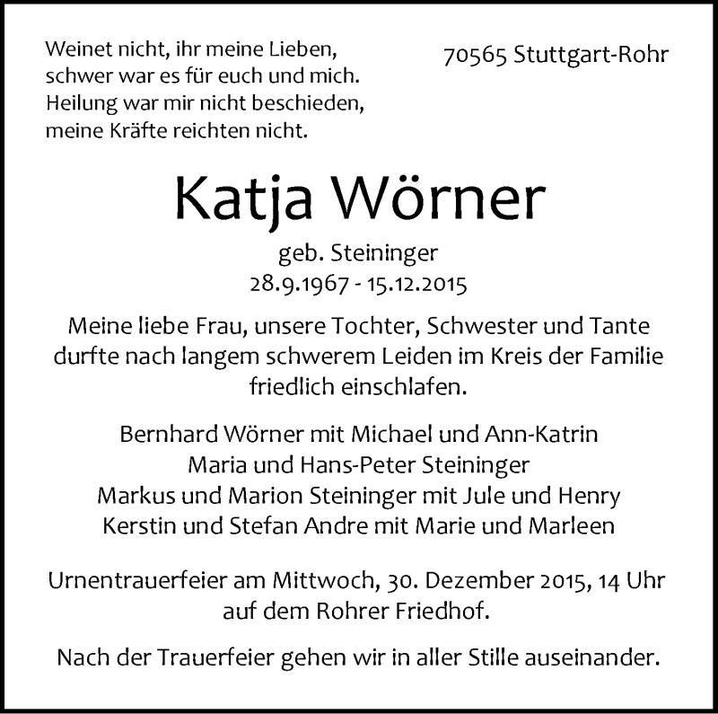  Traueranzeige für Katja Wörner vom 23.12.2015 aus Stuttgarter Zeitung / Stuttgarter Nachrichten