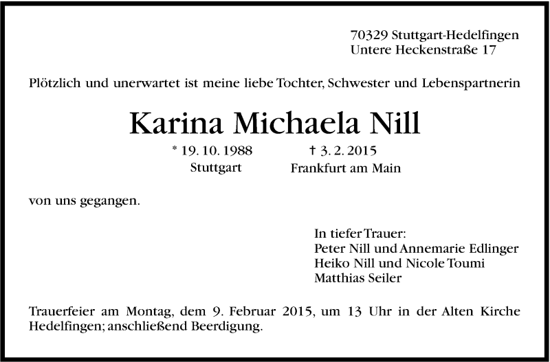  Traueranzeige für Karina Michaela Nill vom 06.02.2015 aus Stuttgarter Zeitung / Stuttgarter Nachrichten