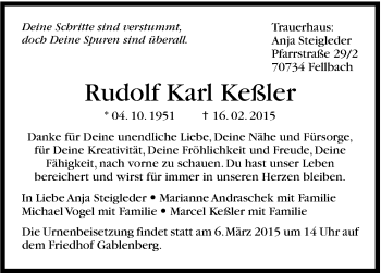 Traueranzeige von Rudolf Karl Keßler von Stuttgarter Zeitung / Stuttgarter Nachrichten