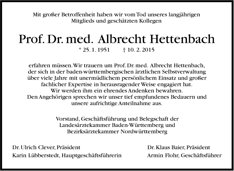  Traueranzeige für Albrecht Hettenbach vom 14.02.2015 aus Stuttgarter Zeitung / Stuttgarter Nachrichten