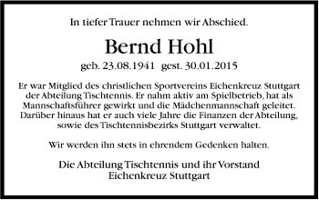 Traueranzeige von Bernd Hohl von Stuttgarter Zeitung / Stuttgarter Nachrichten