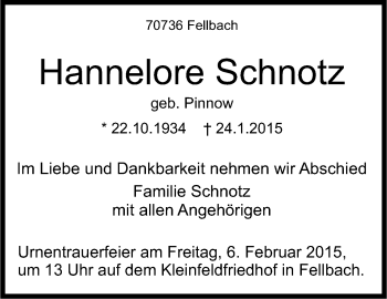 Traueranzeige von Hannelore Schnotz von Stuttgarter Zeitung / Stuttgarter Nachrichten