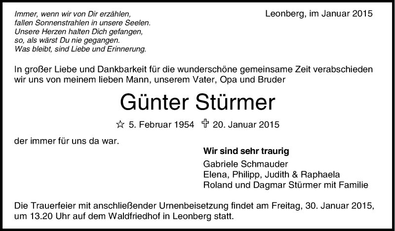  Traueranzeige für Günter Stürmer vom 26.01.2015 aus Stuttgarter Zeitung / Stuttgarter Nachrichten