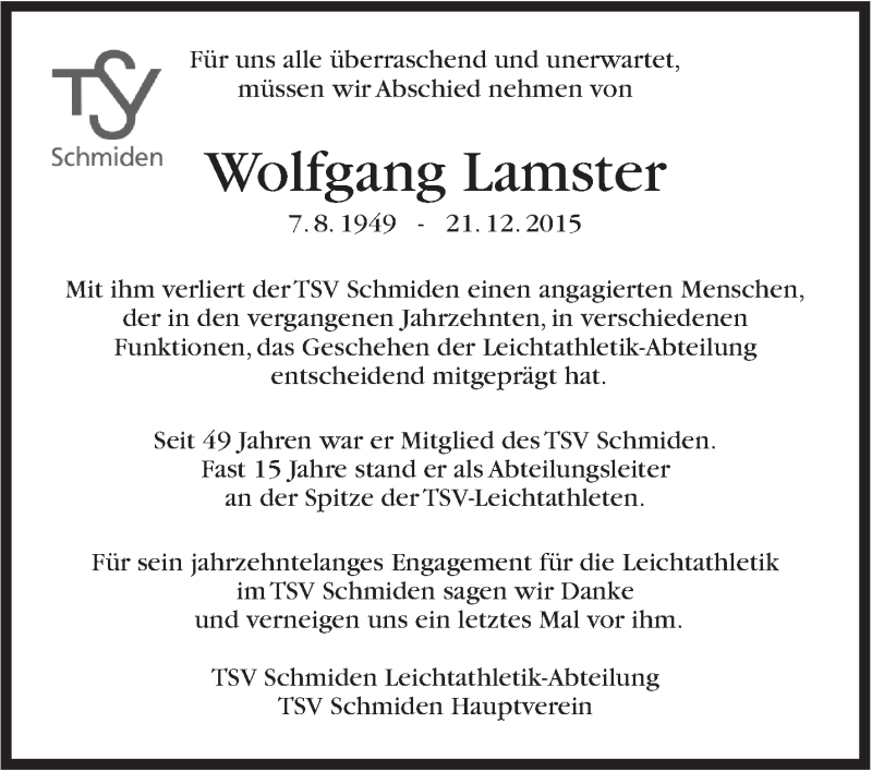  Traueranzeige für Wolfgang Lamster vom 29.12.2015 aus Stuttgarter Zeitung / Stuttgarter Nachrichten