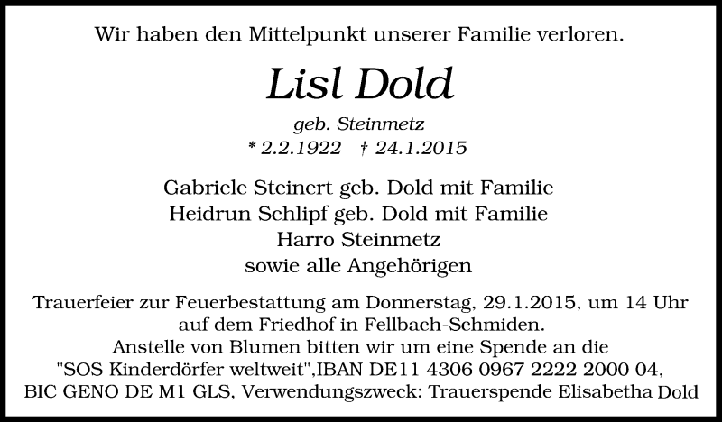  Traueranzeige für List Dold vom 26.01.2015 aus Stuttgarter Zeitung / Stuttgarter Nachrichten