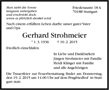 Traueranzeige von Gerhard Strohmeier von Stuttgarter Zeitung / Stuttgarter Nachrichten