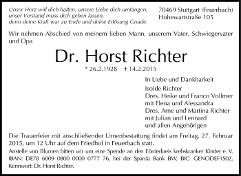 Traueranzeige von Horst Richter von Stuttgarter Zeitung / Stuttgarter Nachrichten
