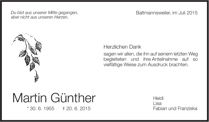  Traueranzeige für Martin Günther vom 11.07.2015 aus Stuttgarter Zeitung / Stuttgarter Nachrichten