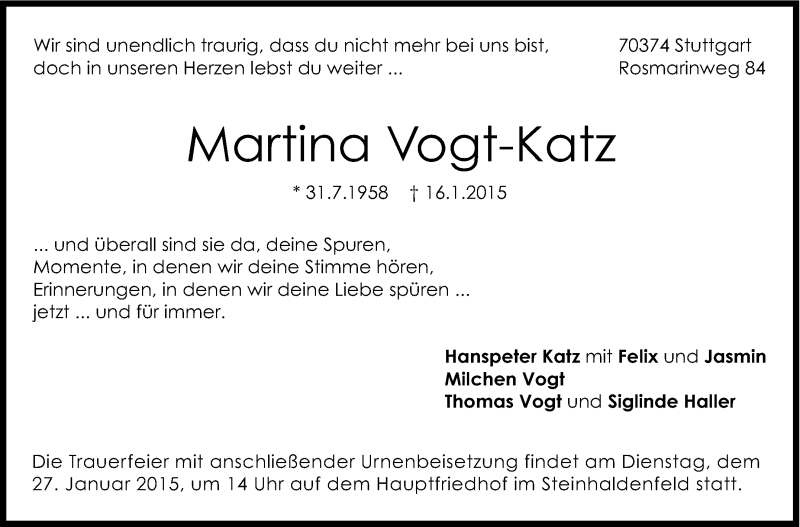  Traueranzeige für Martina Vogt-Katz vom 23.01.2015 aus Stuttgarter Zeitung / Stuttgarter Nachrichten