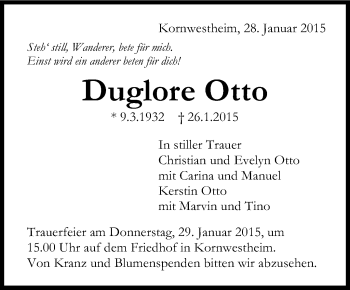 Traueranzeige von Duglore Otto von Stuttgarter Zeitung / Stuttgarter Nachrichten