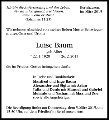 Traueranzeige von Luise Baum von Stuttgarter Zeitung / Stuttgarter Nachrichten