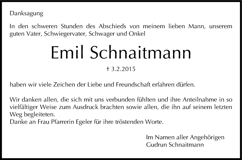  Traueranzeige für Emil Schnaitmann vom 21.02.2015 aus Stuttgarter Zeitung / Stuttgarter Nachrichten